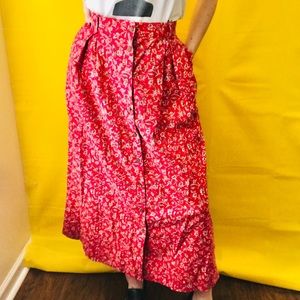 90s Red Floral Linen Blend Skirt Vtg Vintage 1990s